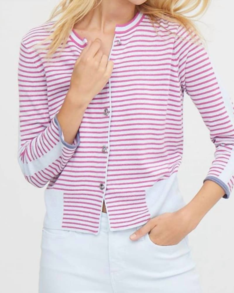 Front of a model wearing a size L Striped Toggle Cardigan in Pink in Pink by Nic + Zoe. | dia_product_style_image_id:327060